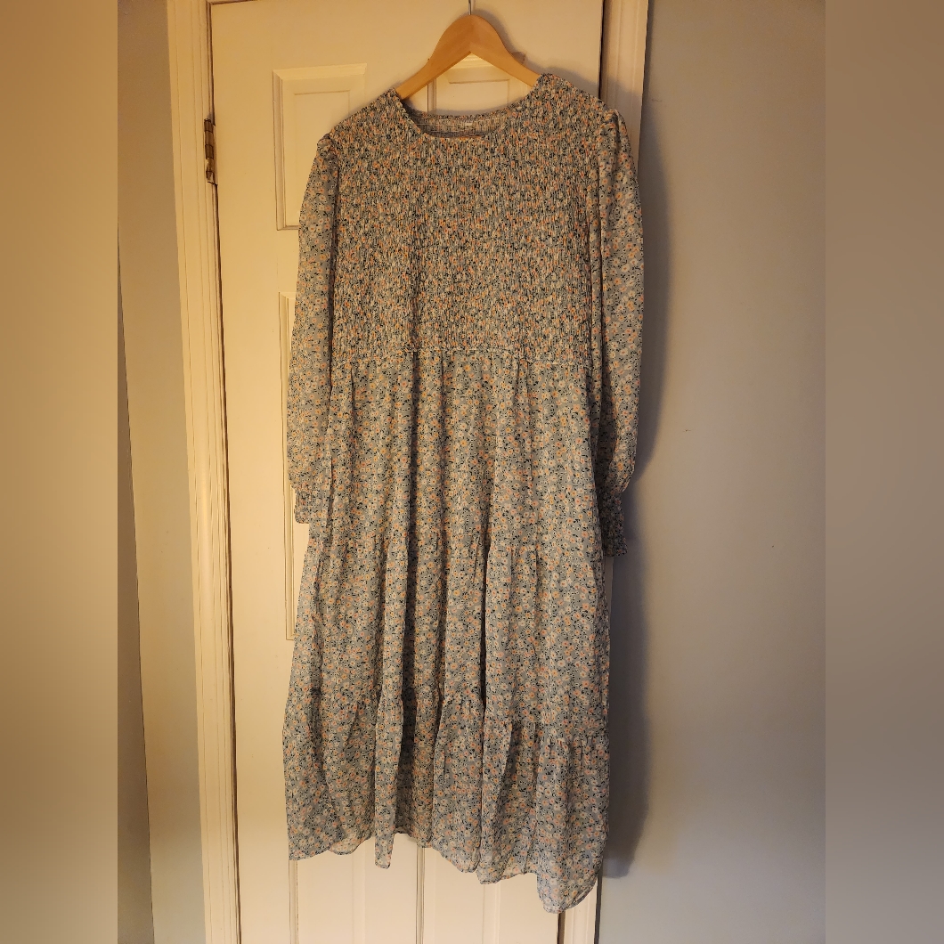 Soft Blue Floral Midi Dress With Smocking
